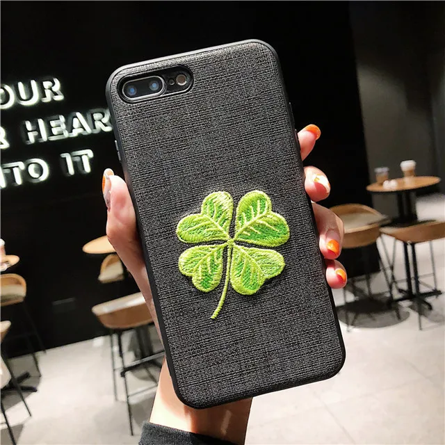 Красивый вышитый чехол с четырьмя клеверами для iPhone XS 6s 7 8 Plus XR XS Max, тканевый чехол для iPhone X, 3D чехол для телефона - Цвет: Черный