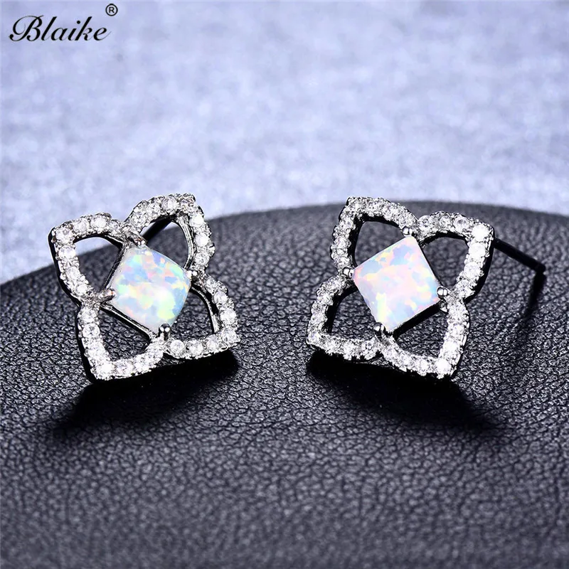 Blaike Boutique квадратные серьги-гвоздики с белым огненным опалом/Цирконом для женщин