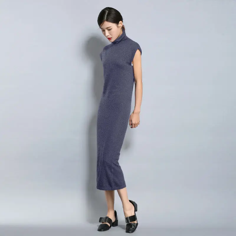 Autumn Women Dress Turtleneck Cashmere Sweater Female Casual Solid Knitted pullovers women high neck sleeveless sweater dress | Женская