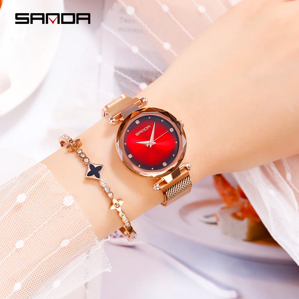 SANDA женские часы модные кварцевые наручные роскошные сетчатые Стальные