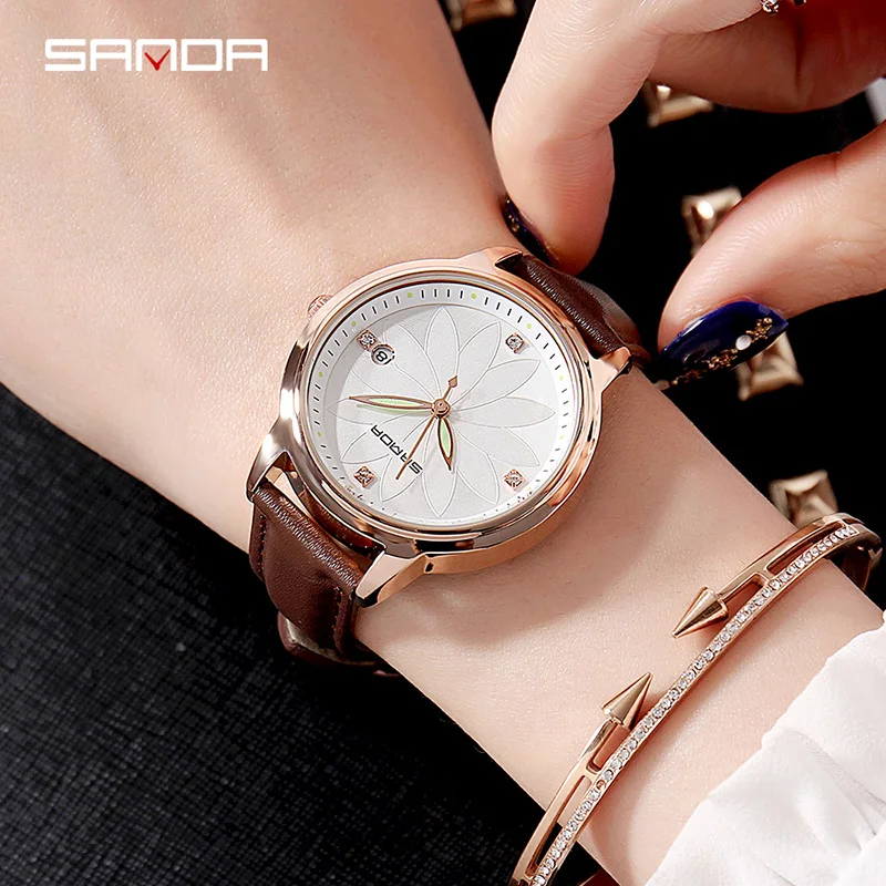 

SANDA P219 Fashion Ladies Wrist Watch Women Romantic Flower Leather Quartz Women Watches Top Brand Luxury Relogio Faminino