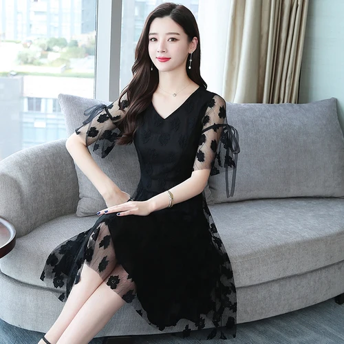 Summer Korean Lace Patchwork Mesh Elegant Dress Women Transparent White Embroidery V-neck Women's Clothing A-line Maxi Dresses | Женская