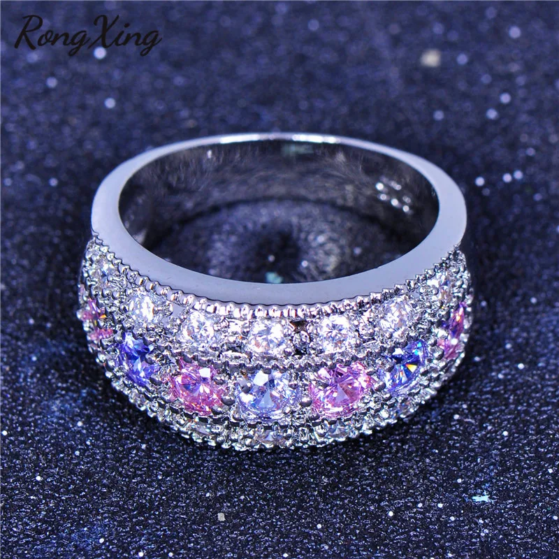 RongXing маленькие круглые кольца с розовым/фиолетовым/белым кристаллом циркония