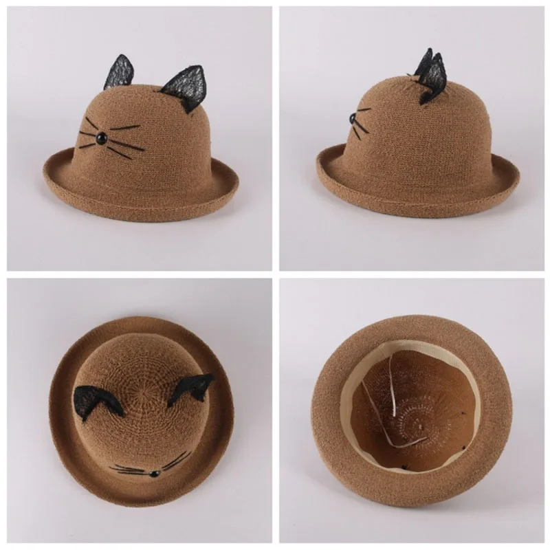 

baby Girl adult female Women summer Spring autumn straw hat stripes ears beach Flanging Little hat fisherman Repair quality lm22