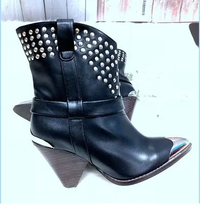 black rivets Сапоги до середины икры со змеиным узором для подиума женские ковбойские сапоги на высоком каблуке-шпильке с металлическим острым носком и заклепками в стиле панк - Цвет: black rivets