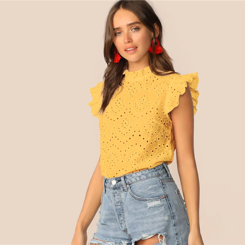 Dotfashion, однотонный топ с воротником-стойкой, с рюшами, с вышивкой, с ушками, для женщин, лето, бохо, без рукавов, одежда для девушек, модные блузки