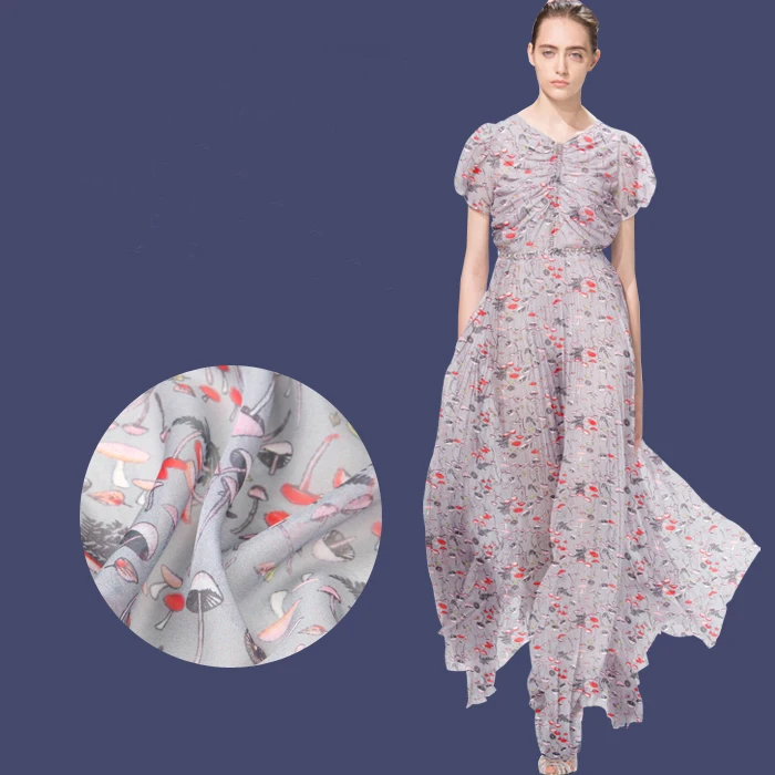 

135cm wide 8mm mushroom print gray thin silk chiffon fabric for summer long and short dress blouse shirt D745
