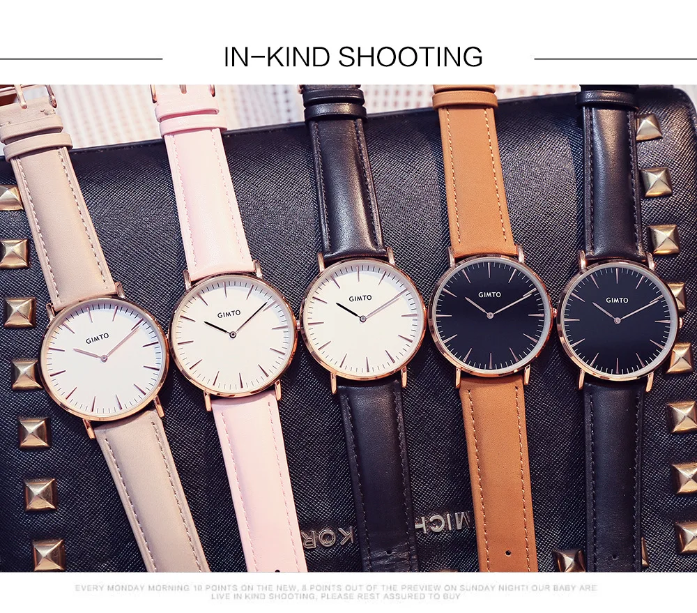 GIMTO модные розовые женские часы ультра тонкие золотые кожаные водонепроницаемые