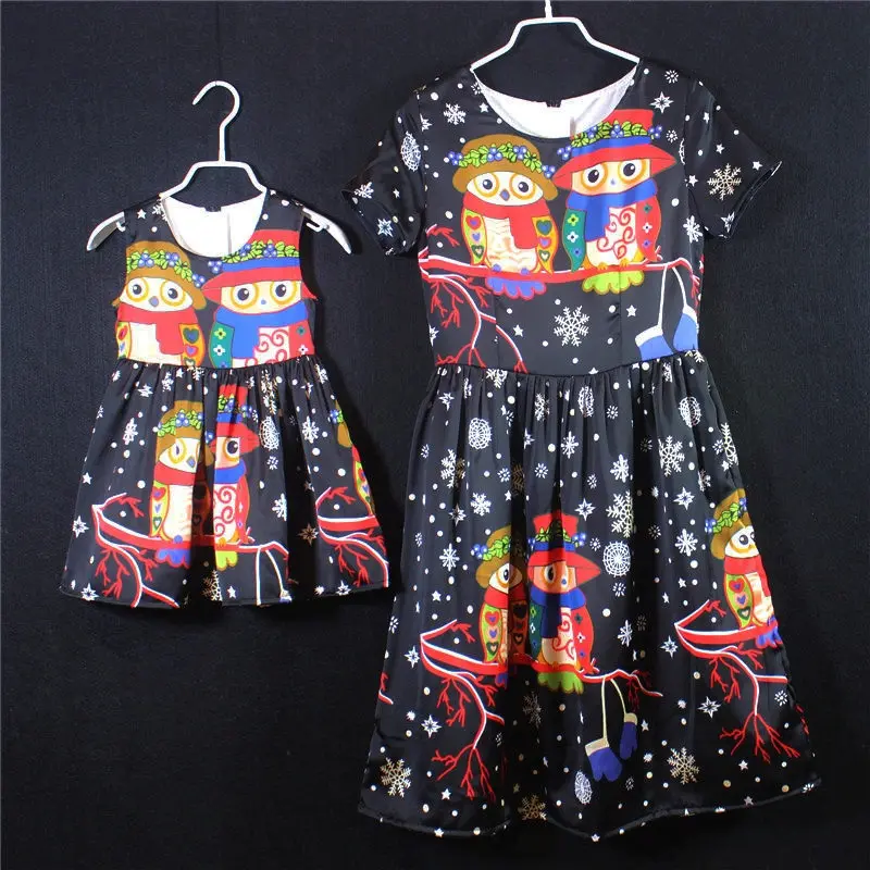 

family matching clothes brand European owl cartoon mommy girls princess chiffon children dress party mother and daughter dresses