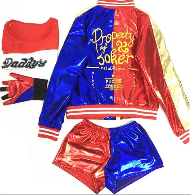 Adult set Фильм отряд самоубийц Харли Квинн, клоун костюм Бэтмена, косплей девушки наручные охранники Аксессуары Набор Хэллоуин куртка футболка брюки - Цвет: Adult set