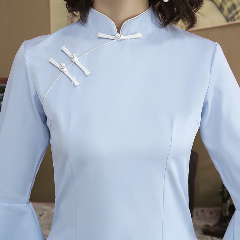 Новая улучшенная версия платья Чонсам китайский Hanfu Женский костюм Чонсам с рюшами на рукавах платье Чонсам комплект из двух предметов Размер S-3XL