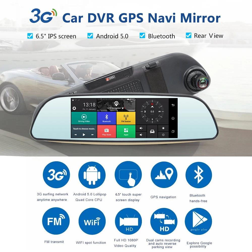 AZGIANT 6 5 &quot3G Автомобильный видеорегистратор GPS Navi Mioor Full HD 1080P с поддержкой Android 0