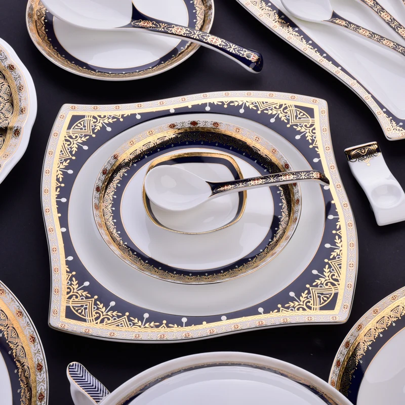 

Костяной фарфор Caremic миски тарелки 58 шт. посуда рельефная Золотая серия посуда сервировочный поднос ложка набор Цзиндэчжэнь роскошный