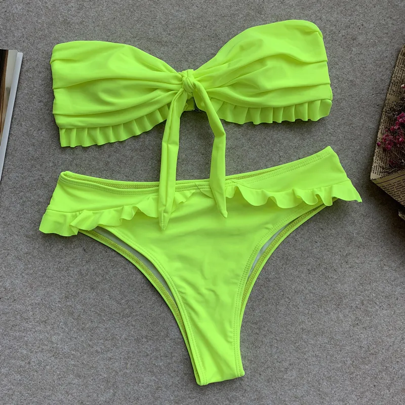 Neon Green Swimsuit 2019 Bandeau Tie Front Knot Ruffle Brazilian Bikini Strapless Swimwear Women Bathing Suit Maillot De Bain | Женская
