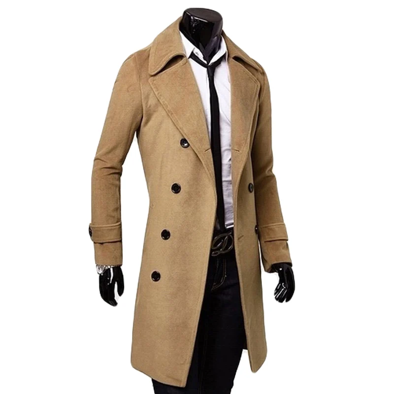 2016 new trench coat men solid color long mens slim fit Double Breasted Overcoat 3 colors Black | Тематическая одежда и
