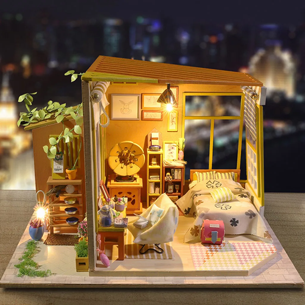 CUTEBEE деревянная кукольная мебель DIY миниатюрная 3D модель с светодиодный пылезащитный чехол кукольный домик игрушки для детей подарки на день рождения k319