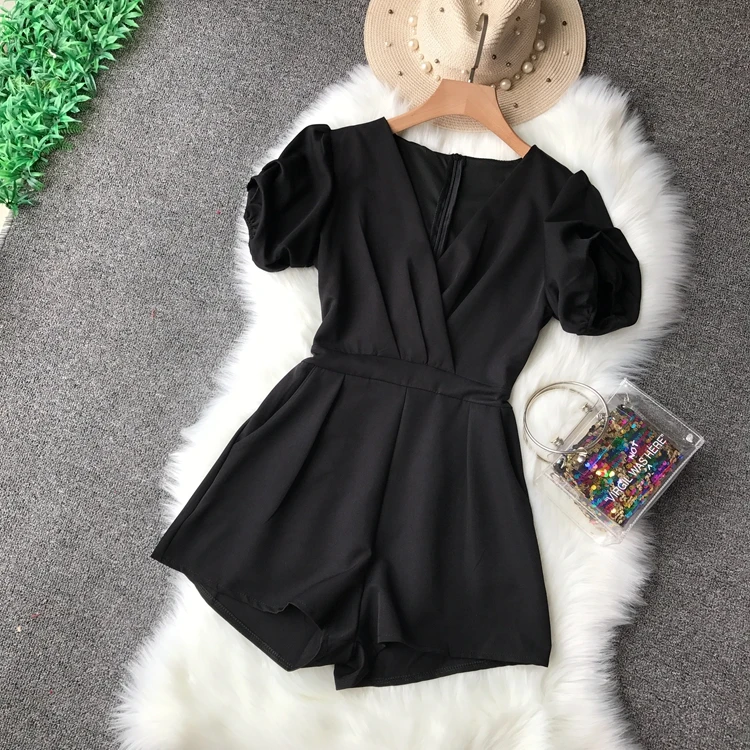 Women's spring summer solid color short sleeve v neck jumpsuit female wide leg pants chic Playsuit TB1223 | Женская одежда