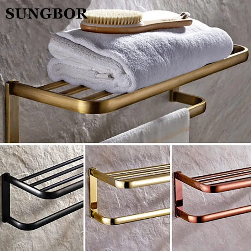 

Wholesale And Retail Modern Square Golden Brass Wall Mounted Bathroom Towel Rack Shelf W/ Towel Bar Towel Hangers HY-2212K