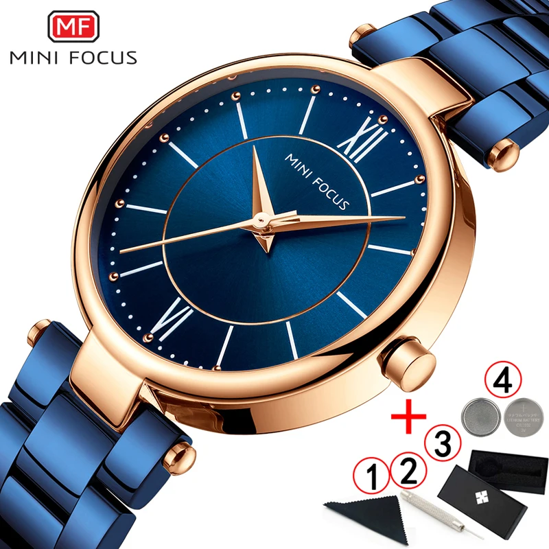 Женские наручные часы Mini Focus водонепроницаемые минималистичные синего цвета