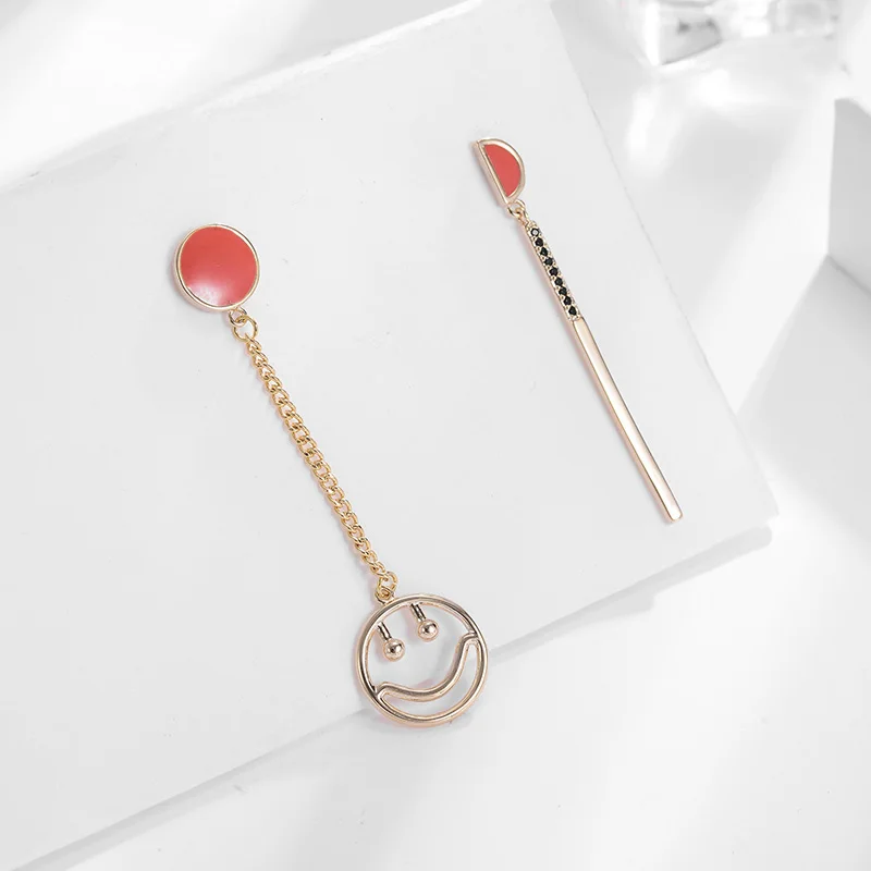 Long Asymmetrical Smile Face Pendant Earrings for Women Retro New Zircon Crystal Lacquer Drop Earring Fashion Jewelry |