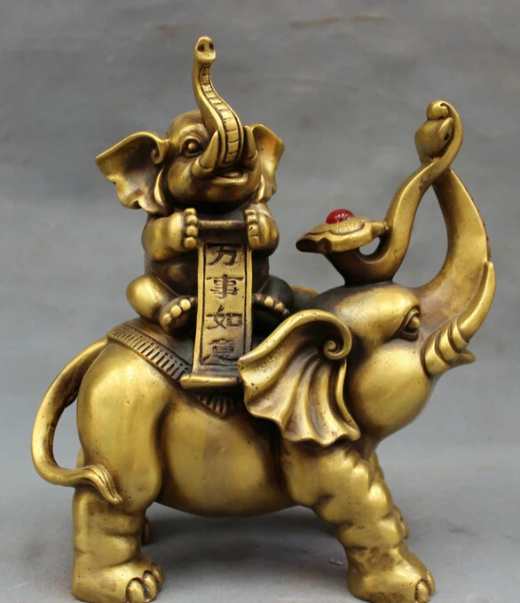 

song voge gem S2403 9" Chinese Bronze Folk Carved RuYi Wealth Fu Elephant Statue Animals Figurine