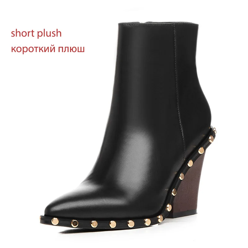 black short plush WETKISS/брендовые ботинки из натуральной кожи с заклепками; женские ботильоны на высоком толстом каблуке; женская обувь на молнии с острым носком; женская обувь; сезон весна; коллекция года - Цвет: black short plush