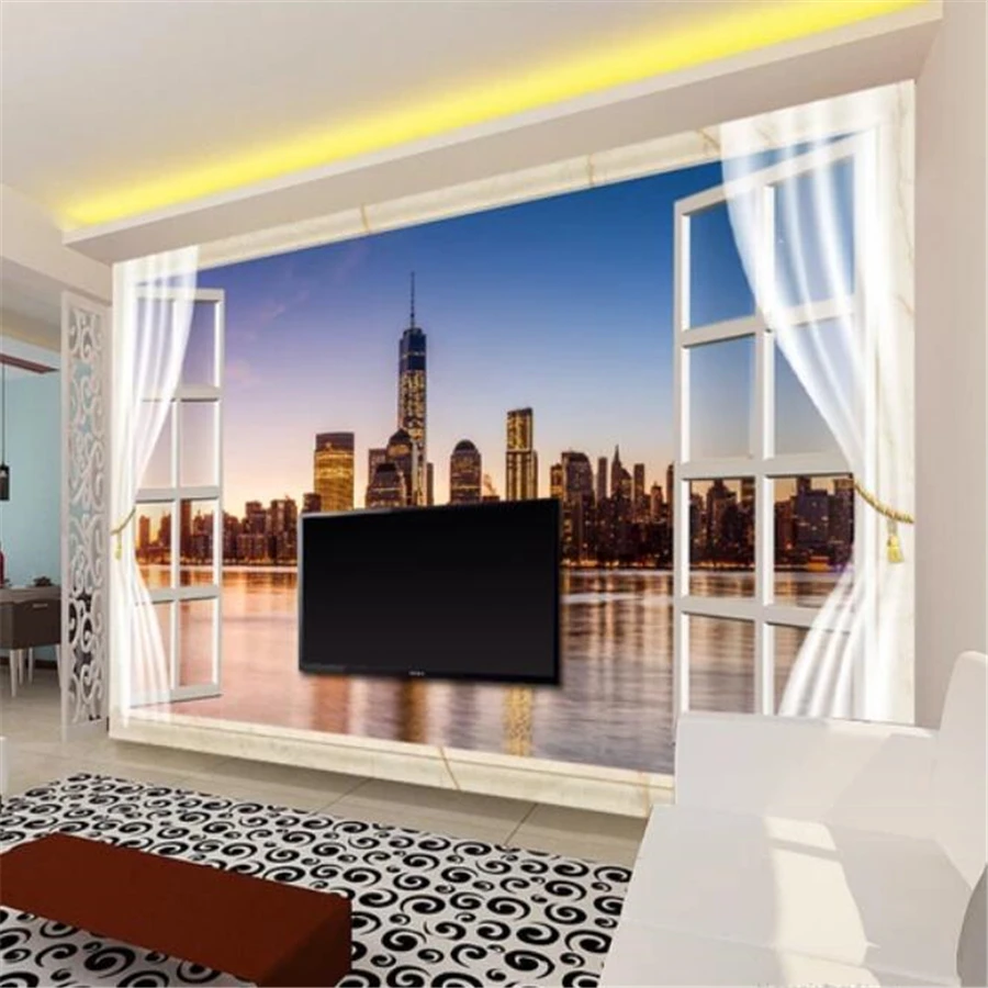 3D фотообои Beibehang на заказ фрески с окном ночным обзором Нью-Йорка гостиной