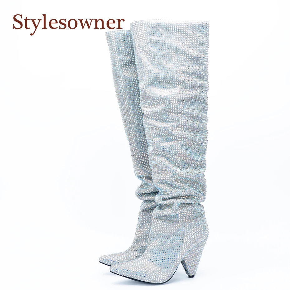 Женские сапоги с острым носком на каблуке шпильке без застежки|rhinestone boots|fashion