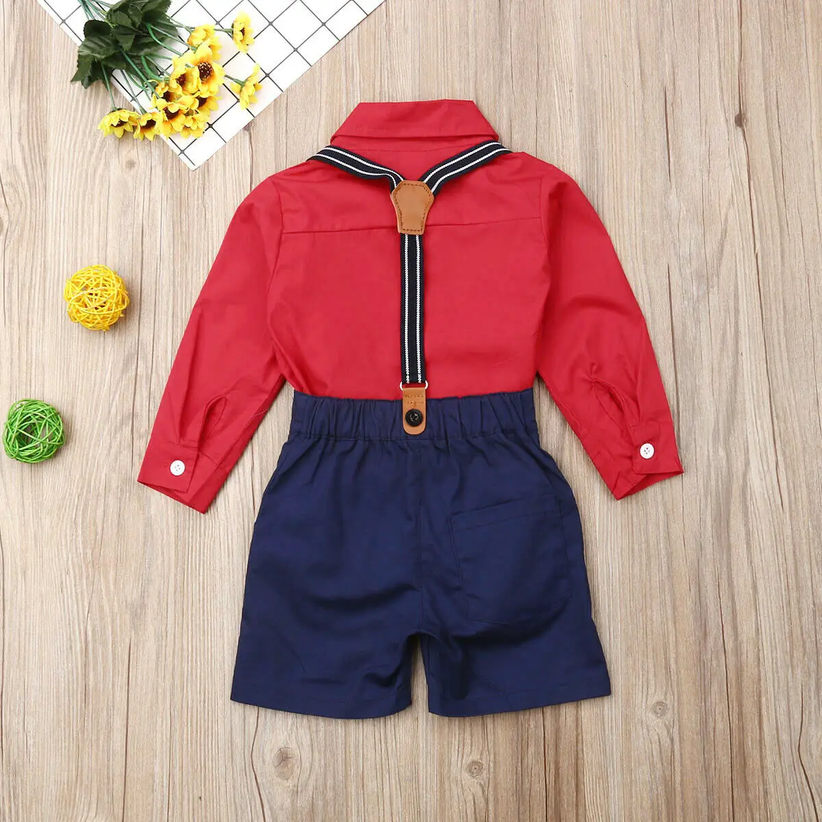 Handsome Kids Boy Suspender Outfit Gentleman Clothes 2 Piece Set Red Bowtie Long Sleeve Shirts +Blue Bib Shorts | Детская одежда и