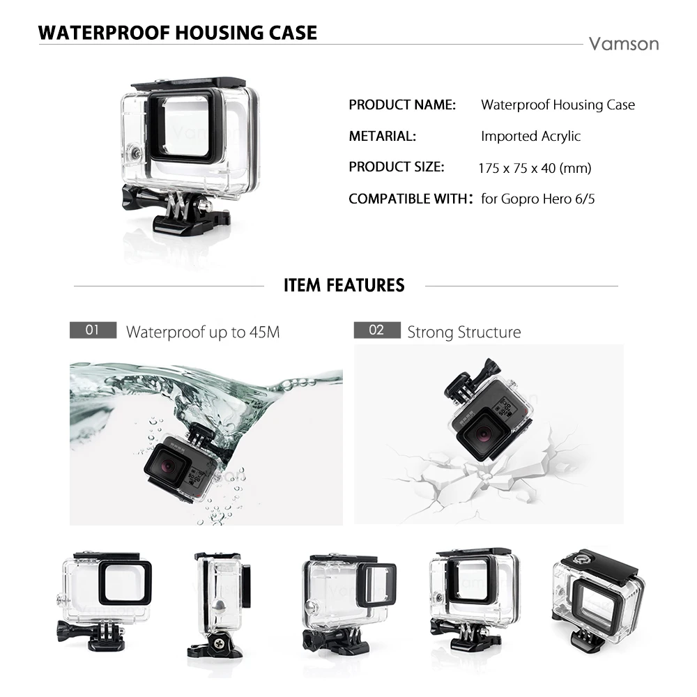 Скидка Набор аксессуаров Vamson для Gopro 7 6 5, водонепроницаемый корпус, защитный чехол, монопод для Gopro Hero 6 5, Спортивная камера Vamson VS10