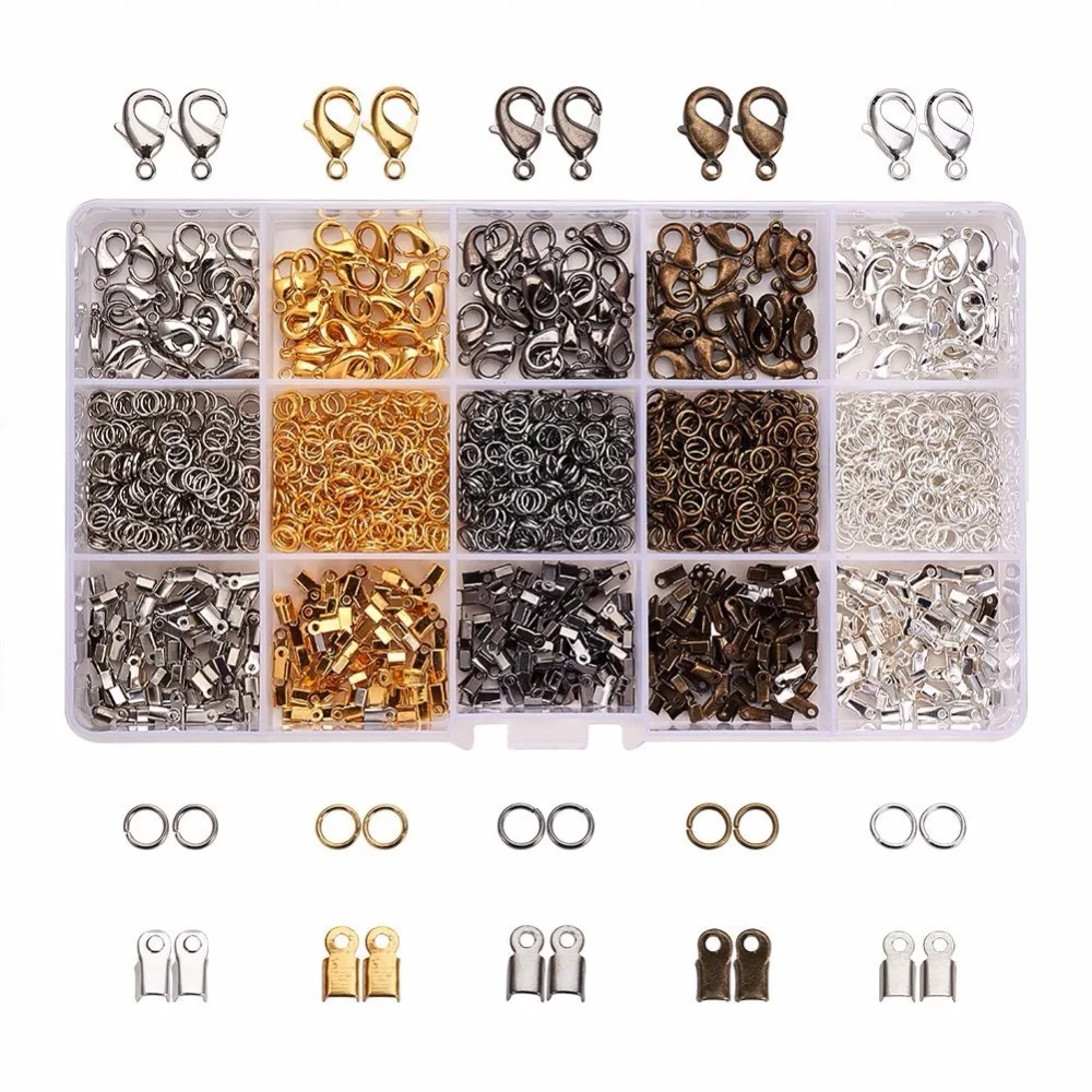 

About 1800Pcs Jewelry Finding Kits of Iron Cord Ends Brass Lobster Clasps and Jump Rings 5 Colors Mixed Sizes