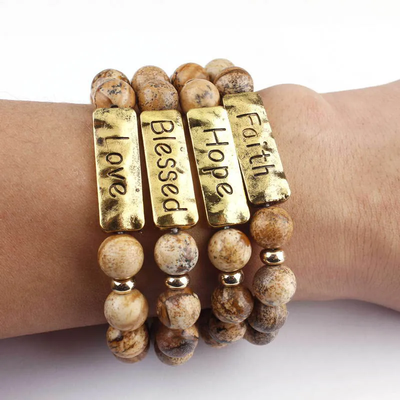 

2020 New Natural Stone Bead Chakra Bracelets Women Engrave Hope Blessed Monogram Bracelets Bangles Jewelry