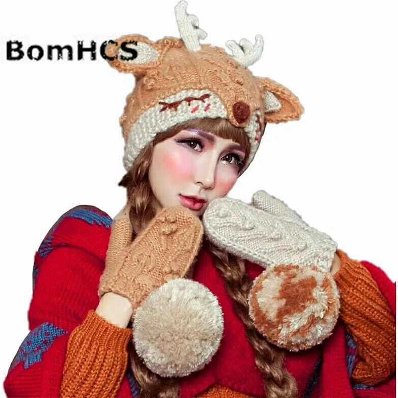 BomHCS Fawn облегающая шапка + перчатки костюм 100% ручной работы вязаная зимняя теплая