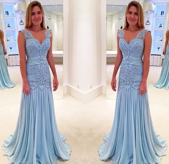 

Stunning Lace Light Blue Sweetheart Mermaid Prom Dresses Sleeveless Floor-length Evening Party Gowns Custom Made