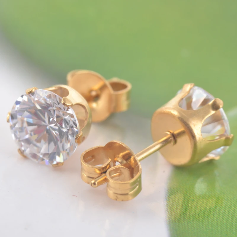 Hypoallergenic 316L stainless steel round pure Zircon stud earrings jewelry gold and Silver two-tone for men&ampwomen | Украшения и