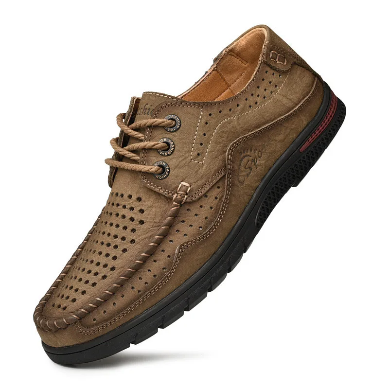 Khaki with hole LINGGE/Новинка года; кожаная мужская водонепроницаемая Треккинговая обувь с мягкой подошвой; дышащая Нескользящая Гибкая Уличная Повседневная обувь - Цвет: Khaki with hole