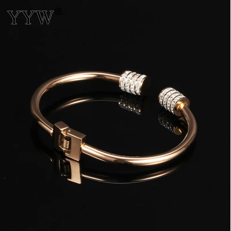 

Trendy Fashion Women Bangles Rose Gold Color Plated Stainless Steel Open Cuff Bangle Rhinestone Clay Pave Brand Jewelry Gift