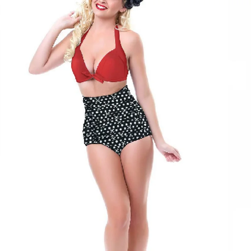 New Arrival Retro Wave Point Swimsuit Ladies Sexy Push Up Halter High Waist Bikini Set Swimwear Maillot De Bain Bathing Suits |