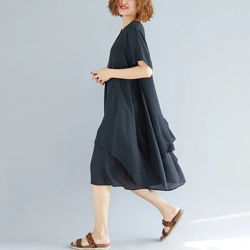 Johnature Solid Color Casual Loose Cotton Linen Dresses New 2019 Summer O-Neck Short Sleeve Irregular Ruffles Women | Женская одежда