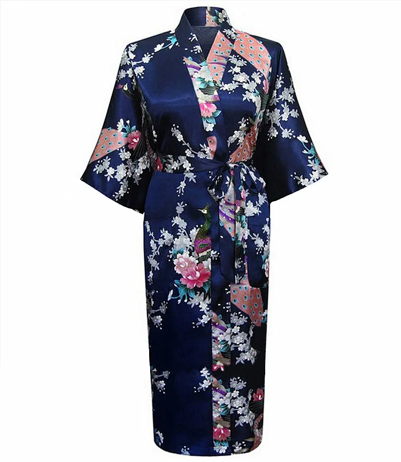 Navy Blue Белый женский банный халат, свадебное платье невесты, ночная сорочка, женское кимоно из искусственного шелка, ночная рубашка размера плюс - Цвет: Navy Blue