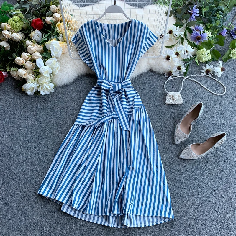 2019 Women Summer Fashion Short Sleeve V Neck Irregular Dresses woman Casual Elegant Striped Patchwork Belted Below Knee Dress | Женская