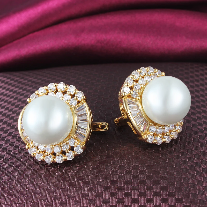 Wedding Earring Gold color Zircon Stud Brincos Simulated Pearl For Women Earrings | Украшения и аксессуары