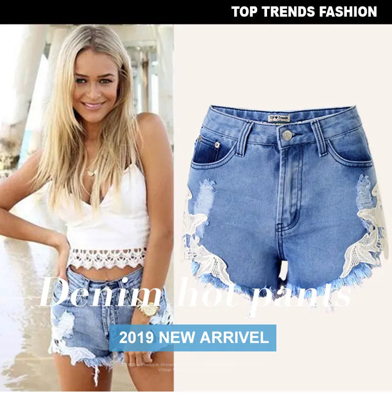 New Style Shorts Women Summer New Jeans Shorts Sexy Lace High Waist Beach Casual Ripped Tassel Hole Denim Soft Cotton Shorts