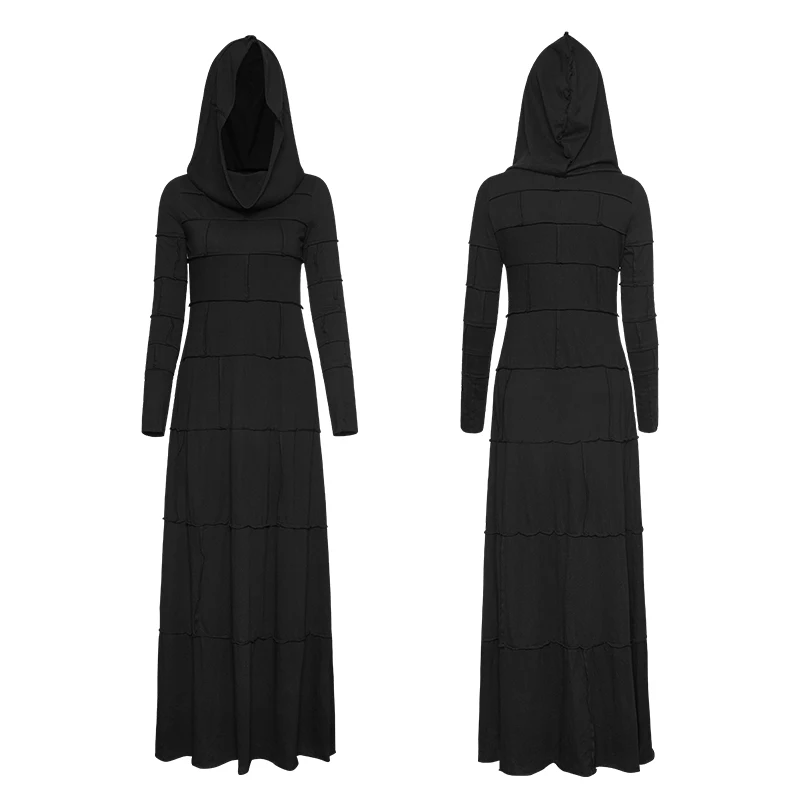PUNK RAVE Women's Gothic Mysterious Hooded Bodycon Black Long Dress Extreme Straight Halloween Party Club Women Dress