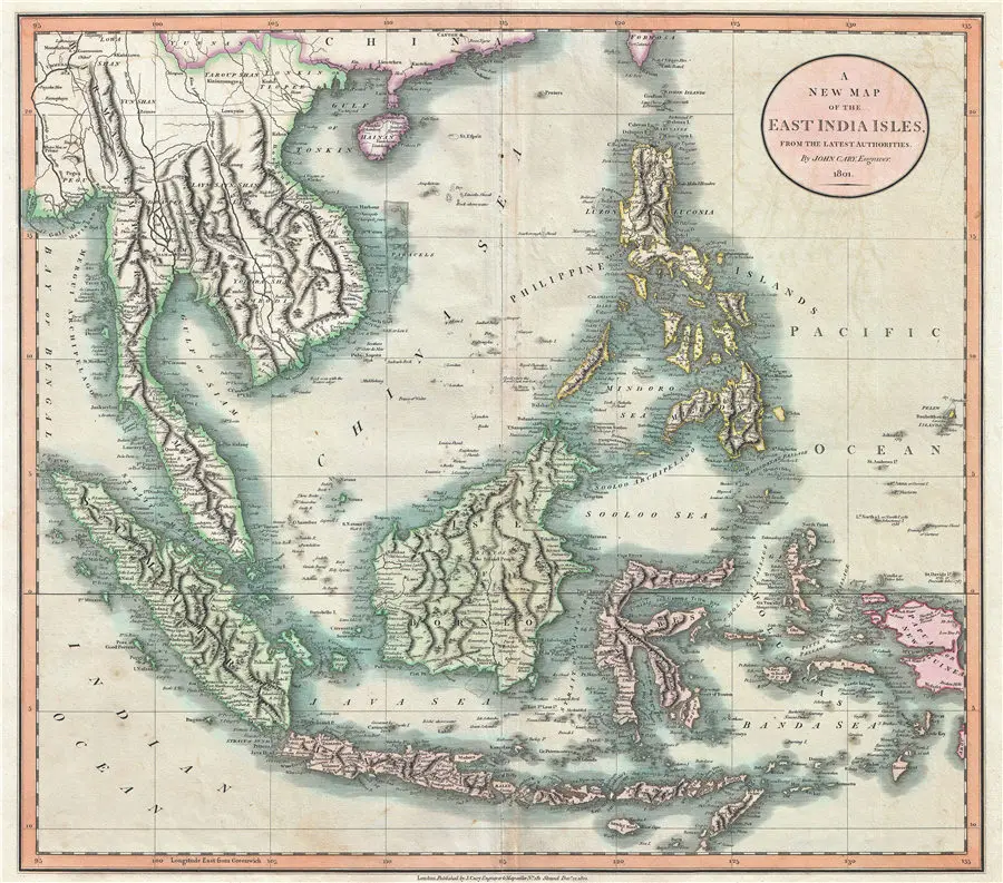 Cary Map the East Indies and Southeast Asia Singapore Borneo Sumatra Java Филиппины винтажная холщовая настенная