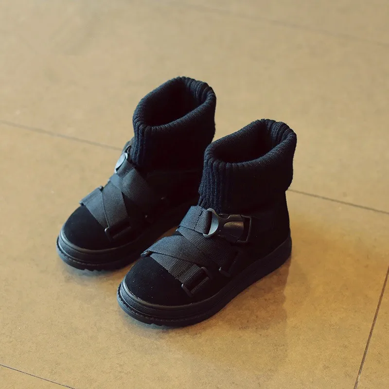 2016 Осень Зима Дети Пряжки Мартин Сапоги Вязаный Носок Натуральная Кожа Мальчики