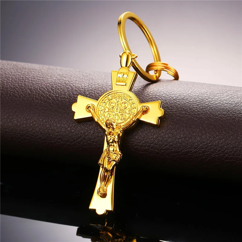 

New Saint Benedict Medal Key Keychain Fashion Accessories Gold Color Jesus Crucifix Cross Key Chain Men Keyrings 2017 K2304