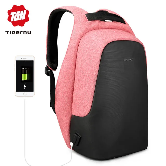 Tigernu, мужской повседневный рюкзак для ноутбука, Противоугонный рюкзак, женский, водонепроницаемый, USB зарядка, дорожная сумка для девочек, черный, Mochila - Цвет: Розовый