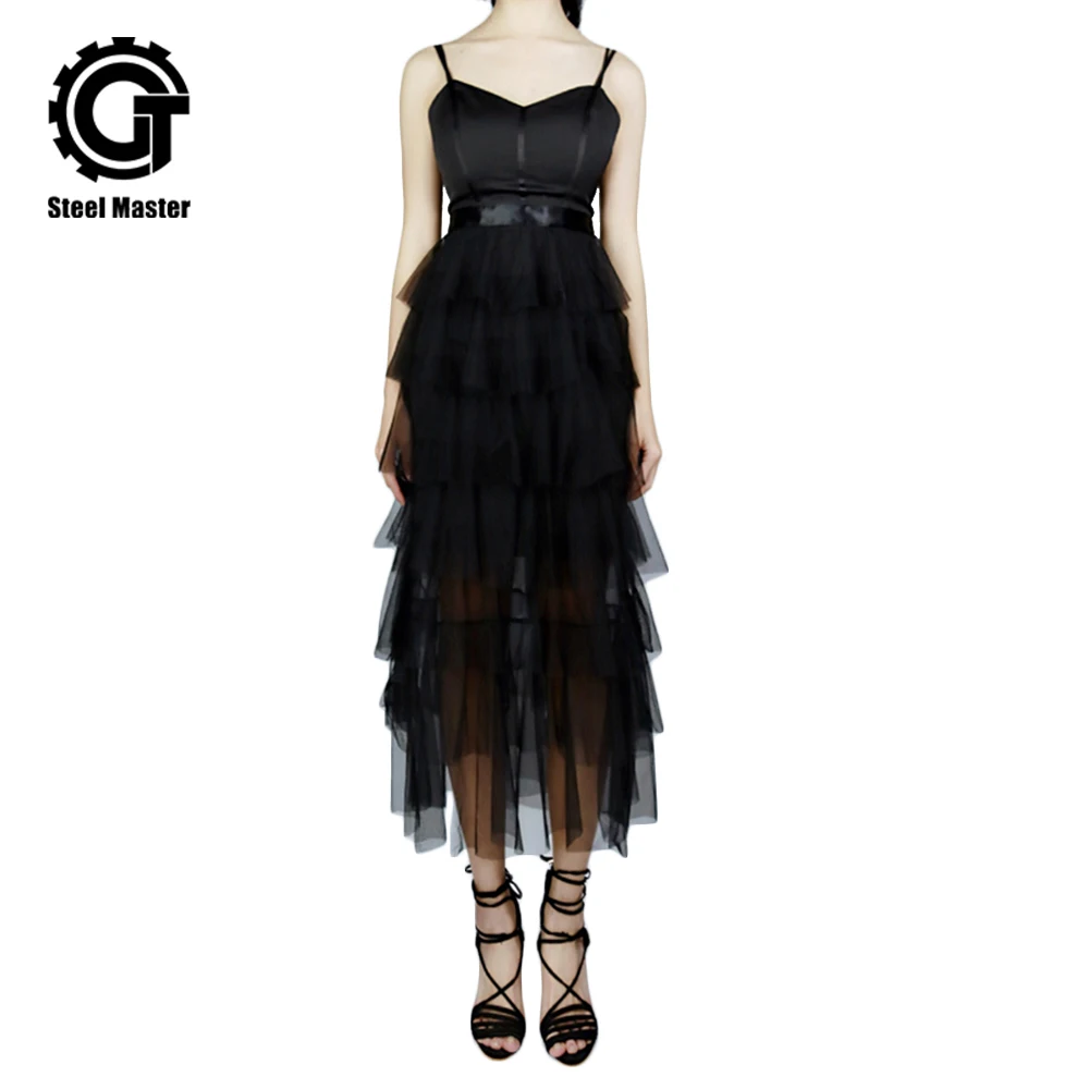 

2019 Ladies Punk Black Sling Dress Wrapped Chest Long Pleated Dress Dress Female Birthday Party Banquet Dress