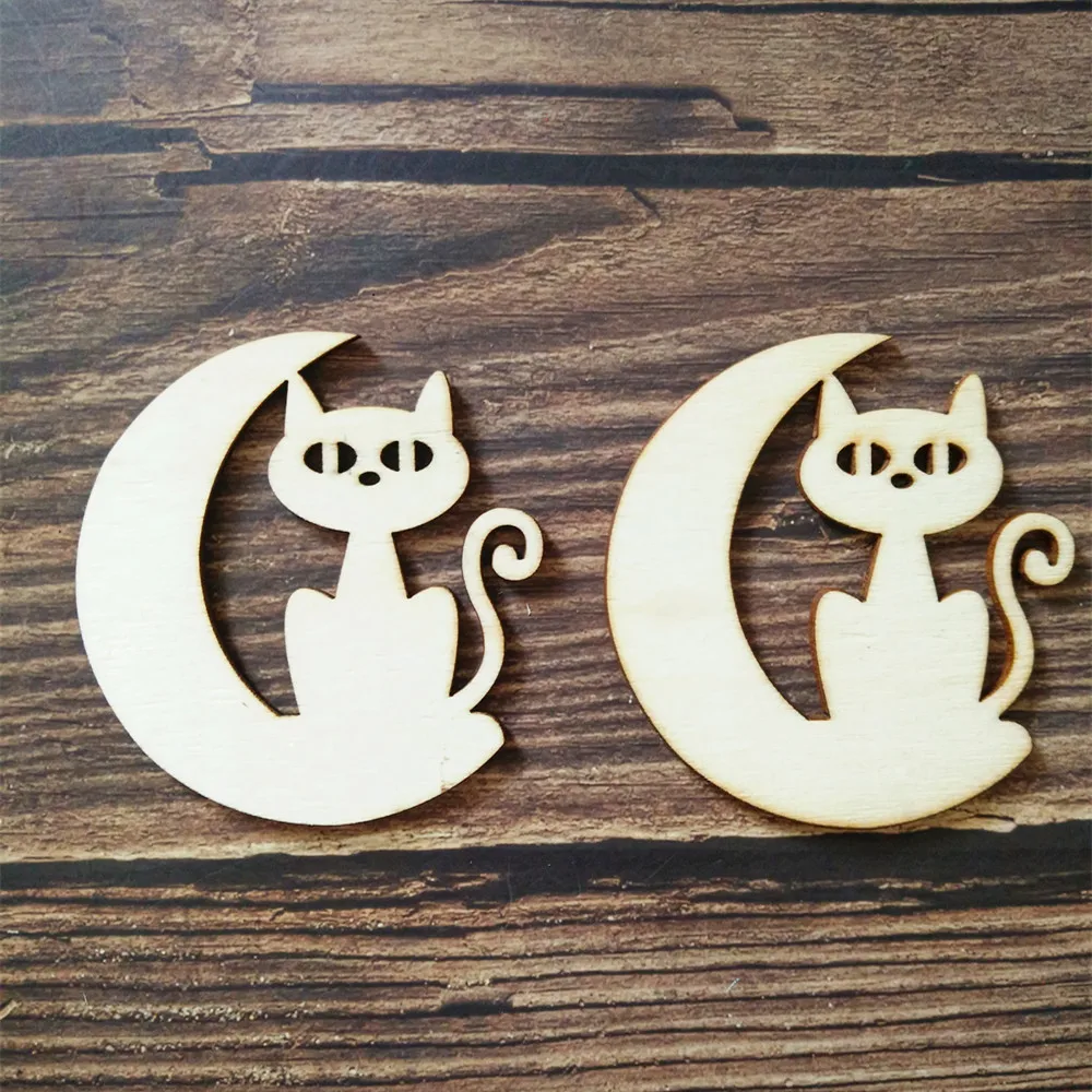 10pcs Laser Cut Unfinished Wooden Cute Cat on the Moon Home Decor Wall Hanging Art Kids Birthday Decorations DIY Craft Scrapbook | Дом и сад